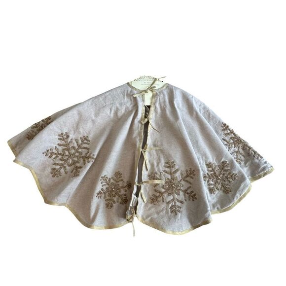 CYNTHIA ROWLEY New York Beige Gold Bead Snowflakes Christmas Tree Skirt 50” NWT - Picture 5 of 10